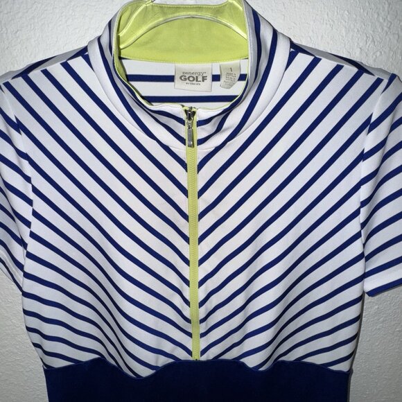 Chicos Zenergy Gold Dress Blue White striped Women’s 1 Lime 1/2 Zip Pockets - Picture 2 of 6